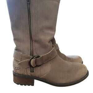 UGG Silva Taupe Suede Lug Sole Sheepskin Lined Biker Moto Boots sz.8 Ret $350